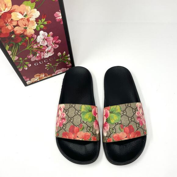 Gucci GG Blooms Supreme Floral Slide Slip On Rubber Sandals Flats EU 37 - Picture 1 of 13